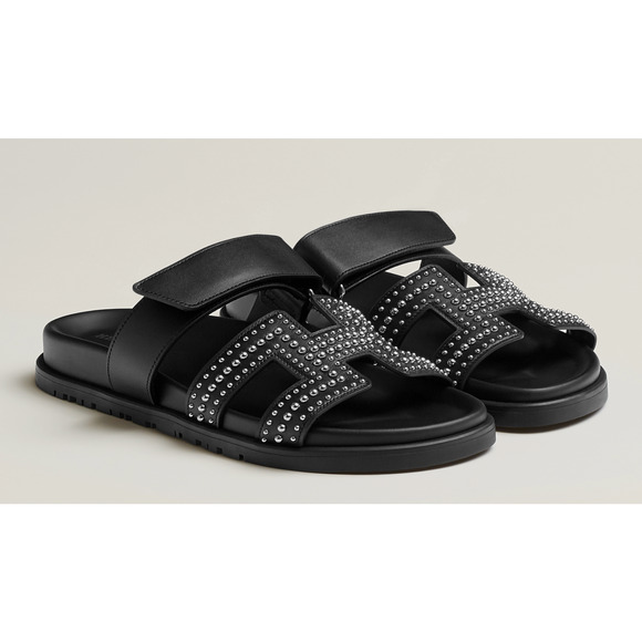 Hermes Chypre Sandal Black Silver Studded Stud H Logo Slide Slip On Flat 37.5 - Picture 1 of 12